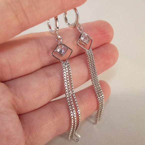 18K White Gold Filled Diamond Zircon Rhombus Tassel Dangle Earrings .46ctw each - Picture 3 of 4